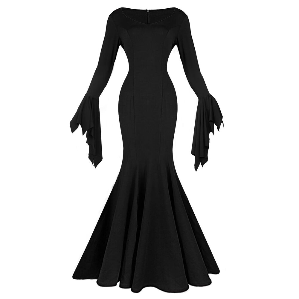 8003 Gothic Dress Long Sleeve Large V Neck Costume Party Maxi Dress Slim
